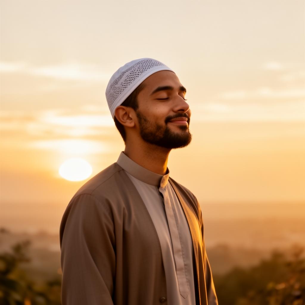 A Muslim man at peace, free from addiction, facing the sunrise